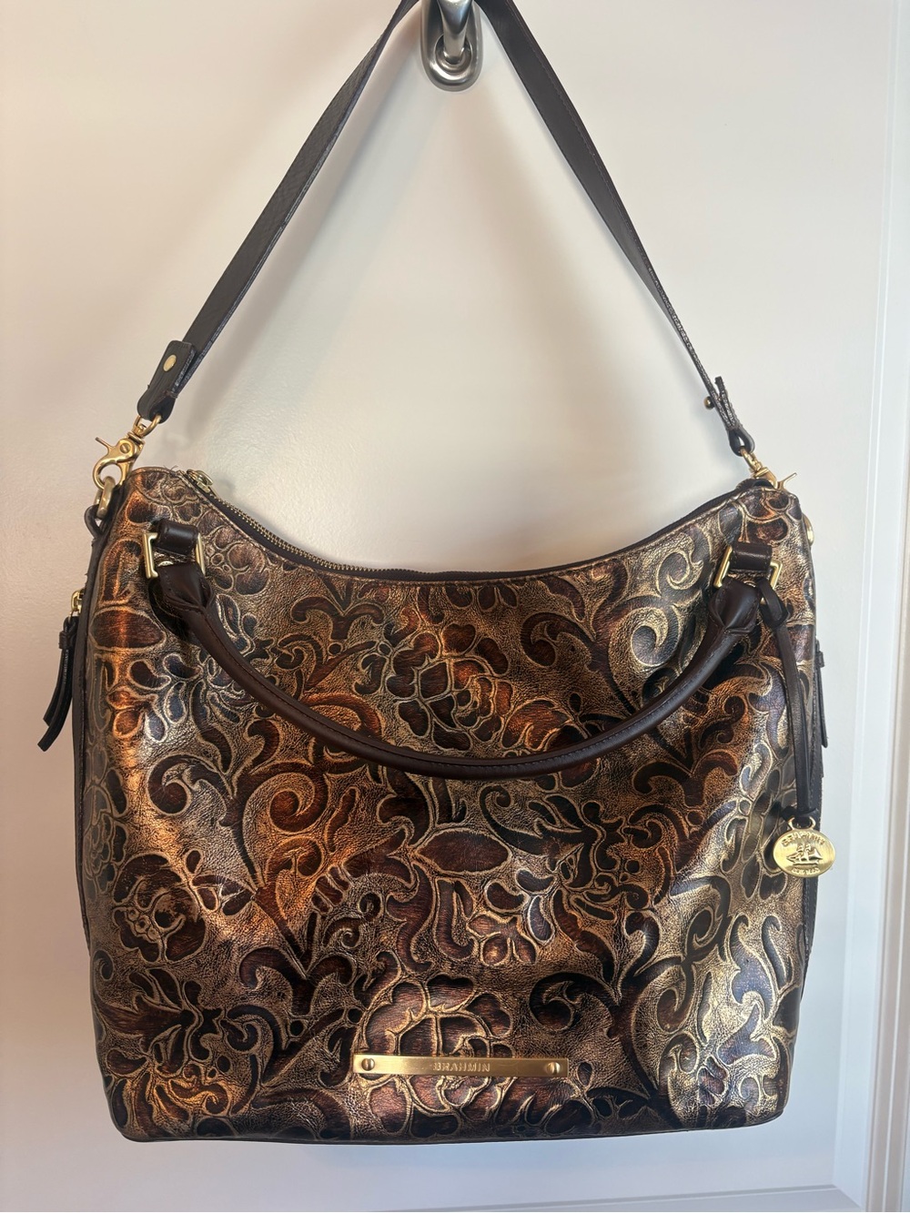 Brahmin Metallic Brown and Gold Floral Embossed Shoulder Hobo